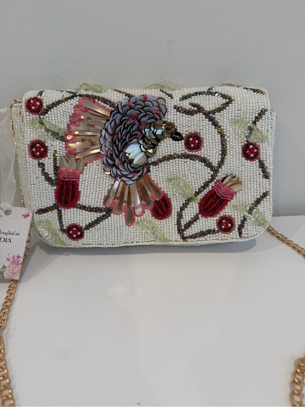Beaded White Floral Bird Crossbody Bag